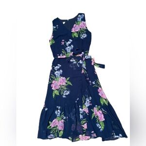 Talbots Floral Sleeveless Faux Wrap Tiered Dress Size 6 Navy W/Pink Floral EUC